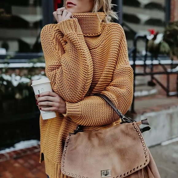 Casual pullover Mustard knit cowl neck sweater pullover